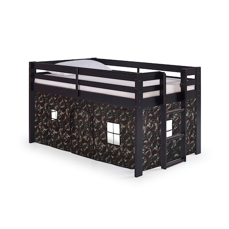 Jasper Twin Junior Loft Bed, Espresso Frame And Green Camouflage Bottom Playhouse Tent